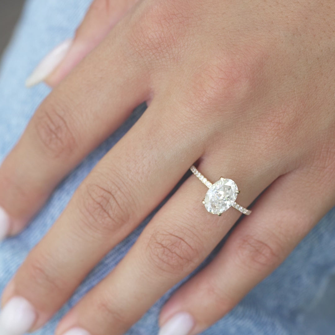 The Pave Navy Oval Lab Diamond Moissanite Engagement Ring