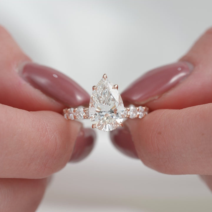 The Amora Pear Lab Diamond Moissanite Engagement Ring *Shown with 3 ct #material_rose