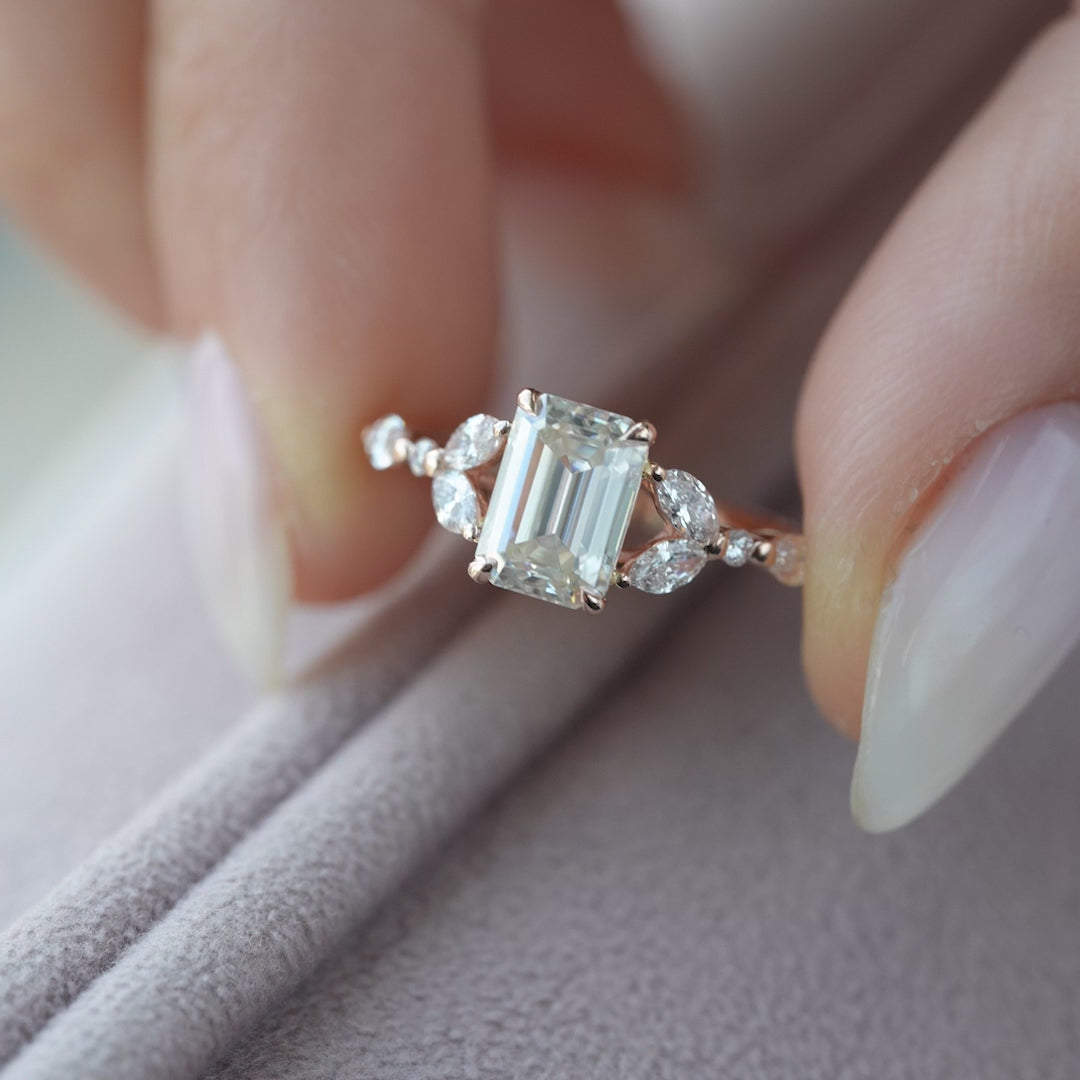 The Cindy Emerald Lab Diamond Moissanite Engagement Ring