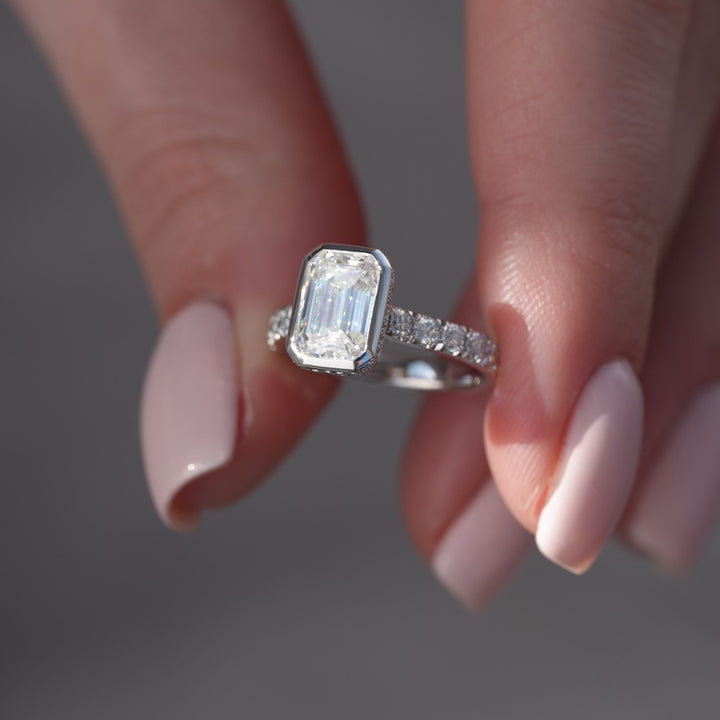 The Pave Christine Emerald Lab Diamond Moissanite Engagement Ring *Shown with 2 ct #material_white