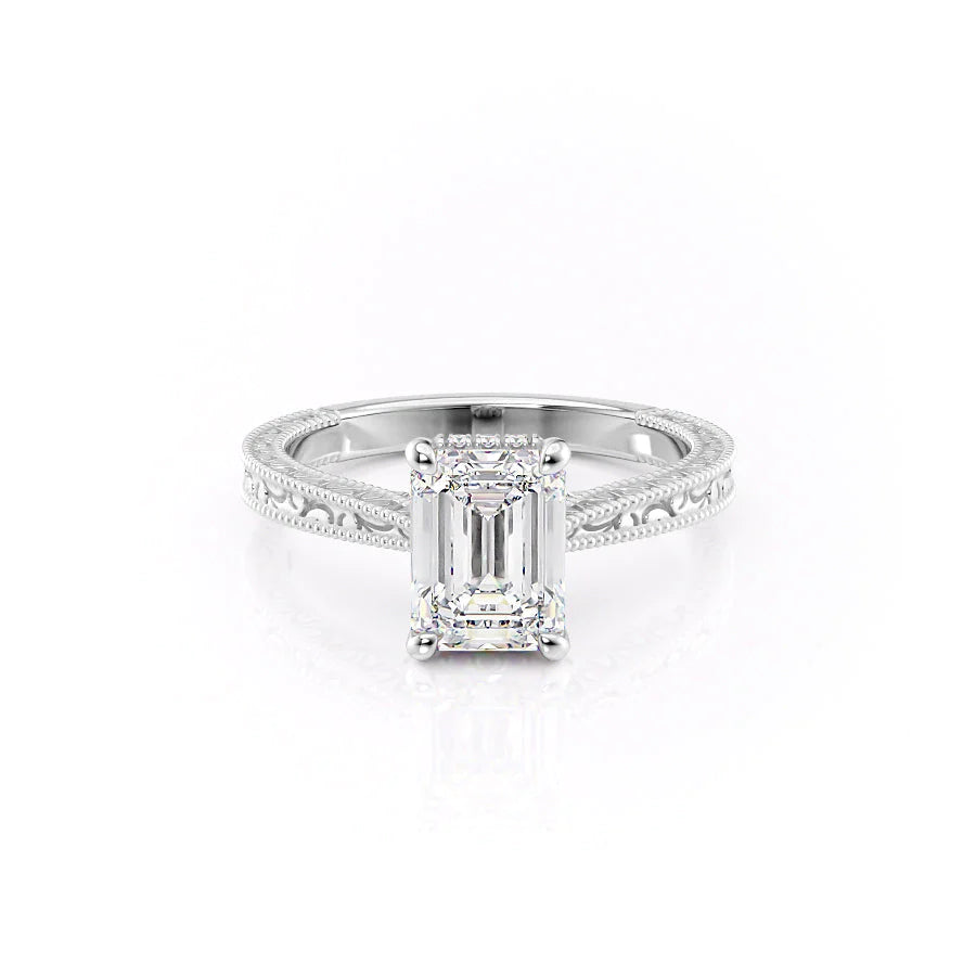 The Alexandra Set With Emerald Vintage Lab Diamond 1 Carat 14K White#material_white