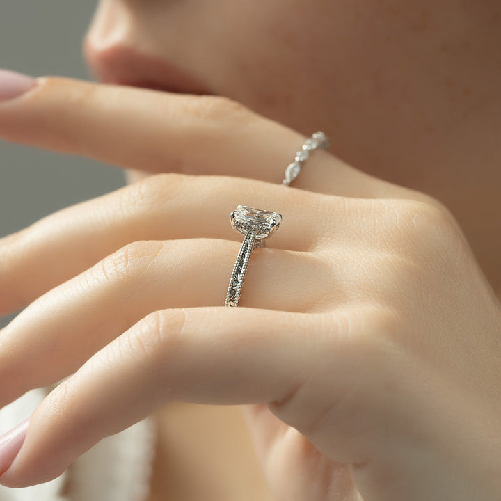 The Alexandra Emerald Lab Diamond Moissanite Engagement Ring *Shown with 1.5 ct #material_white