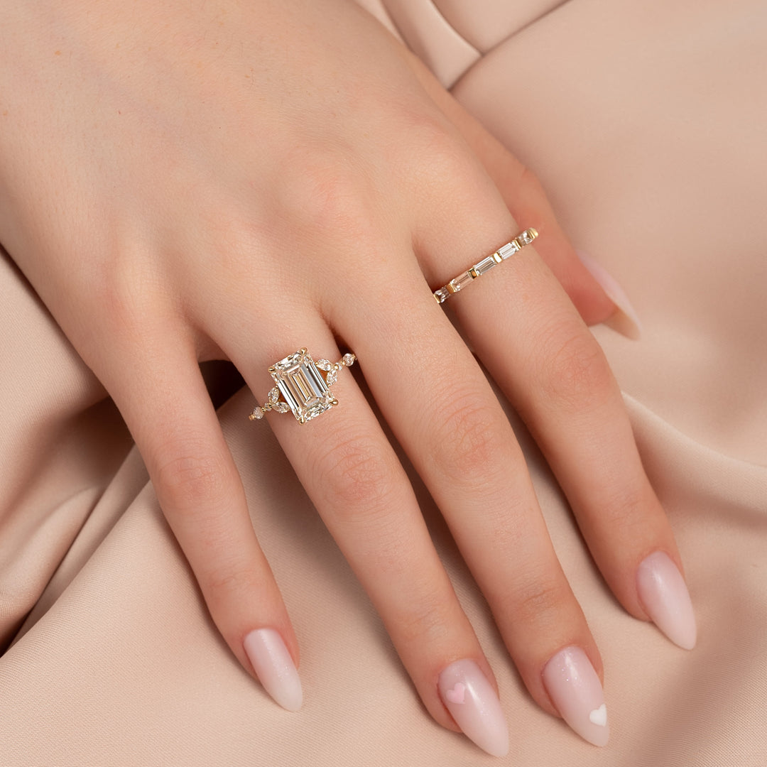 The Cindy Emerald Lab Diamond Moissanite Engagement Ring