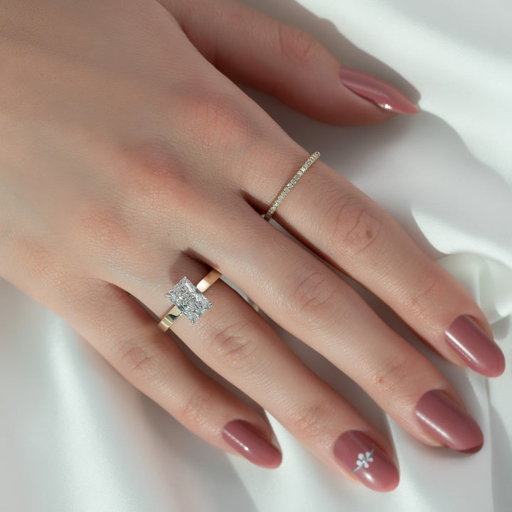 The Estella Radiant Lab Diamond Moissanite Engagement Ring *Shown with 2 ct *2.5mm Band *Pave Prongs #material_gold