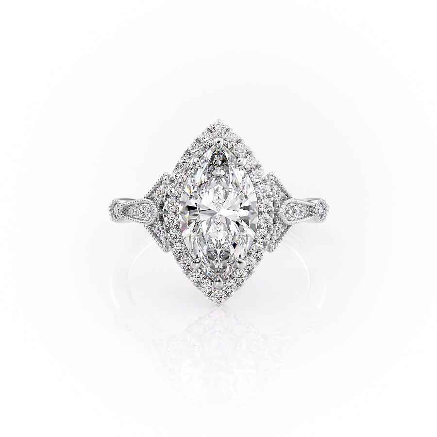 The Halo Sharon Set With Marquise Vintage Lab Diamond 1 Carat 14K White#material_white