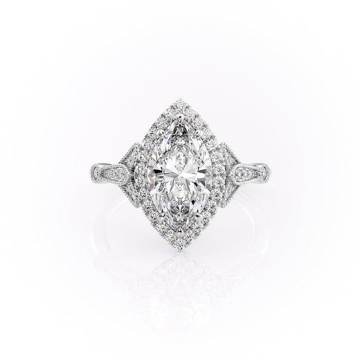 The Halo Sharon Set With Marquise Vintage Lab Diamond 1 Carat 14K White#material_white