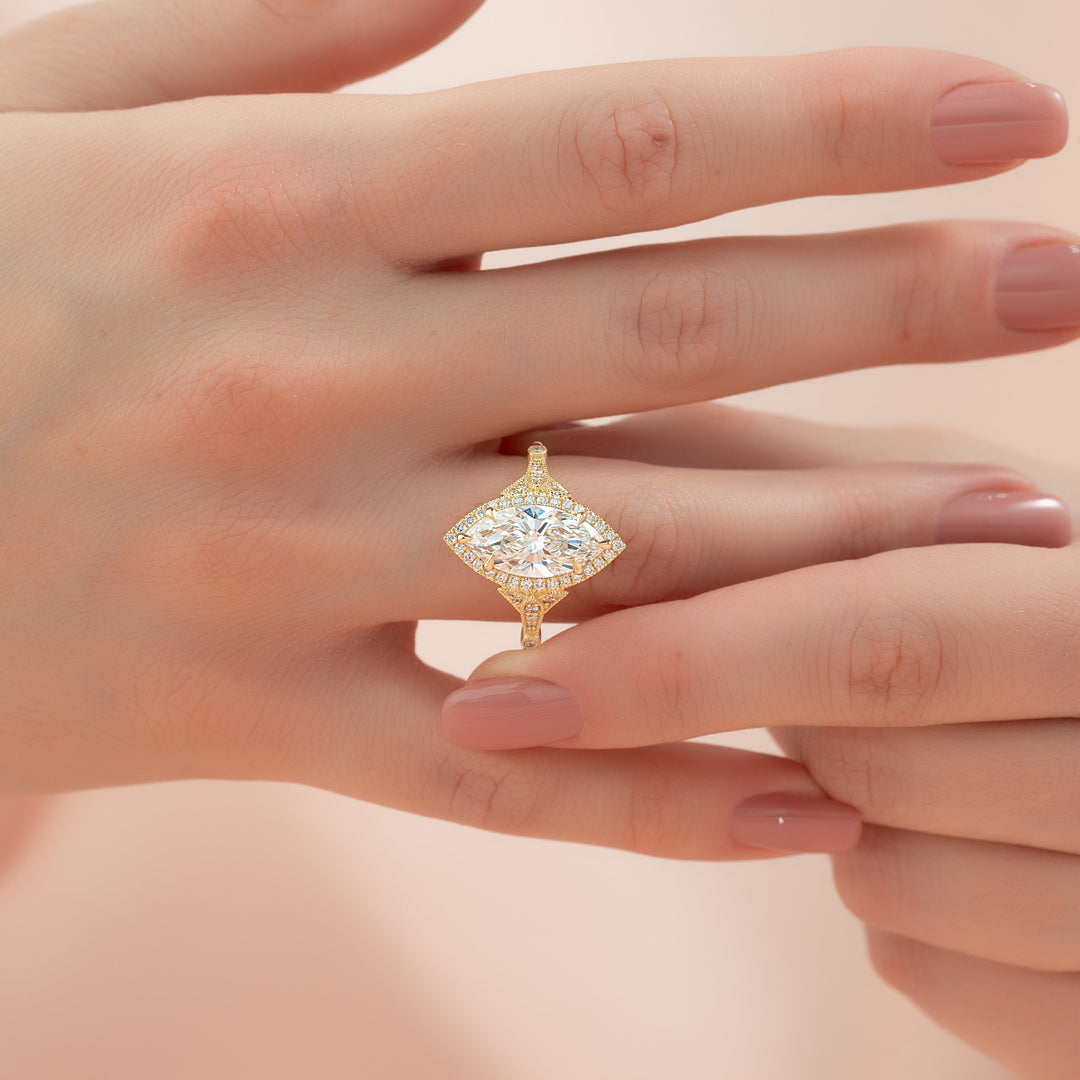 The Halo Sharon Marquise Lab Diamond Moissanite Engagement Ring