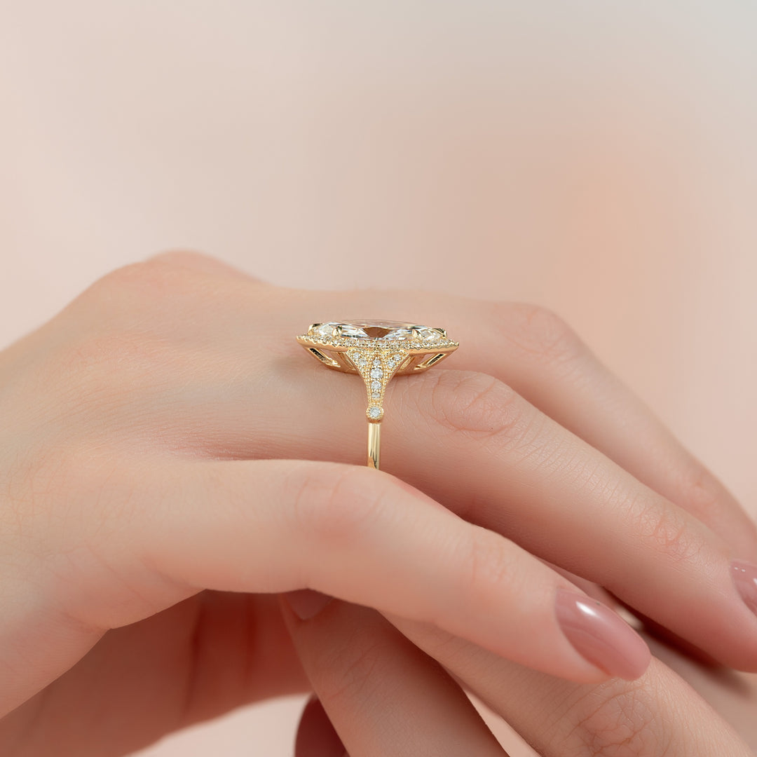 The Halo Sharon Marquise Lab Diamond Moissanite Engagement Ring