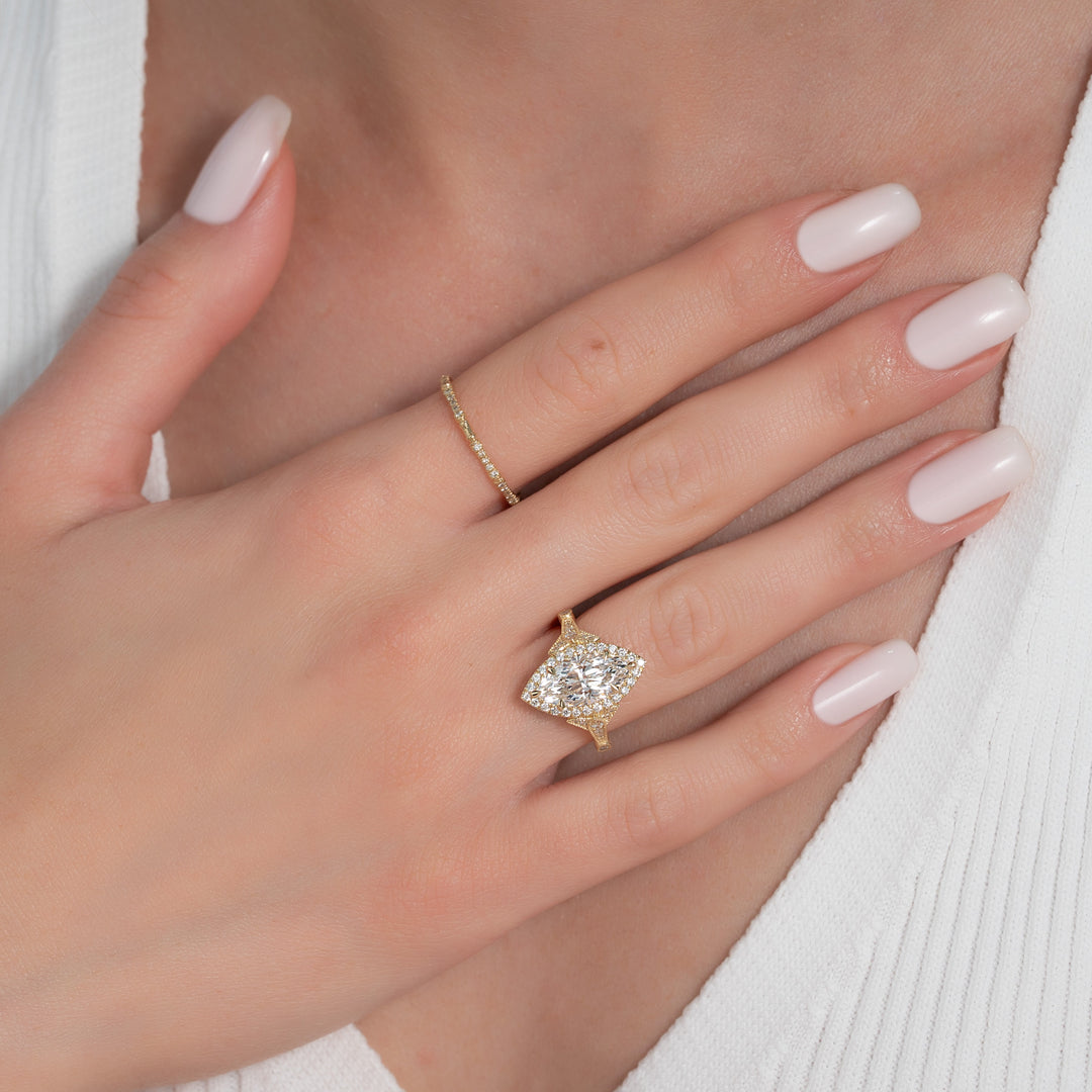 The Halo Sharon Marquise Lab Diamond Moissanite Engagement Ring
