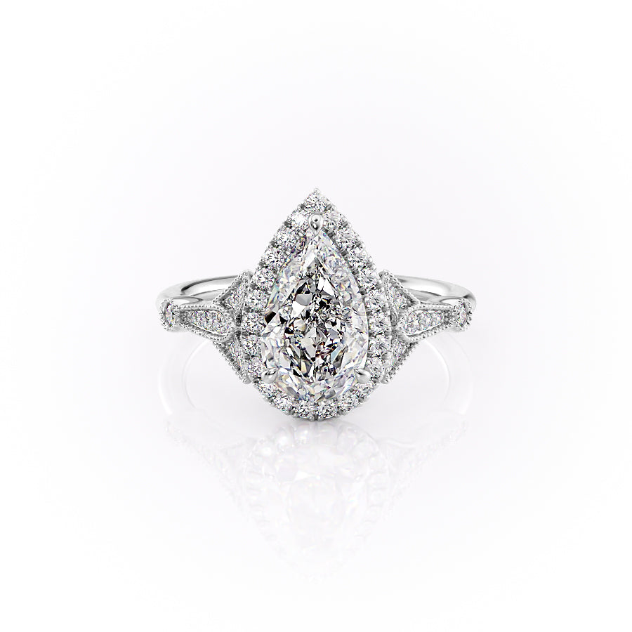 The Halo Sharon Set With Pear Vintage Lab Diamond 1 Carat 14K White#material_white