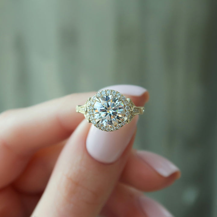 The Halo Sharon Round Lab Diamond Moissanite Engagement Ring *Shown with 2 ct #material_gold