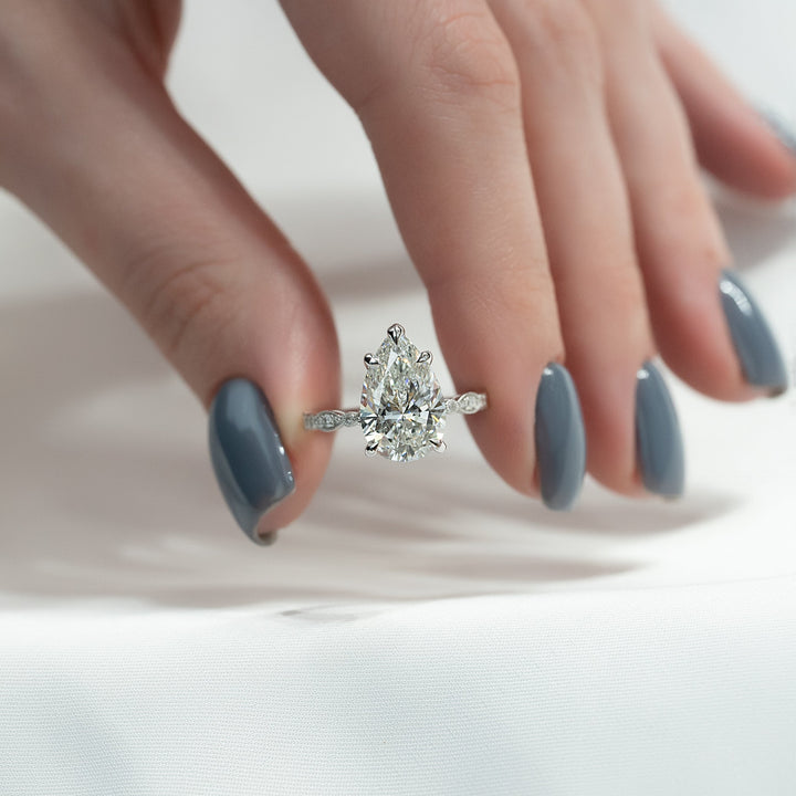 The Juliet Pear Lab Diamond Moissanite Engagement Ring *Shown with 4 ct #material_white