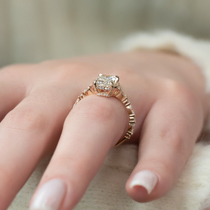 The Kaiden Radiant Lab Diamond Moissanite Engagement Ring *Shown with 3 ct *Hidden Halo/Pave Prongs *Pave Bridge/75% Around #material_rose