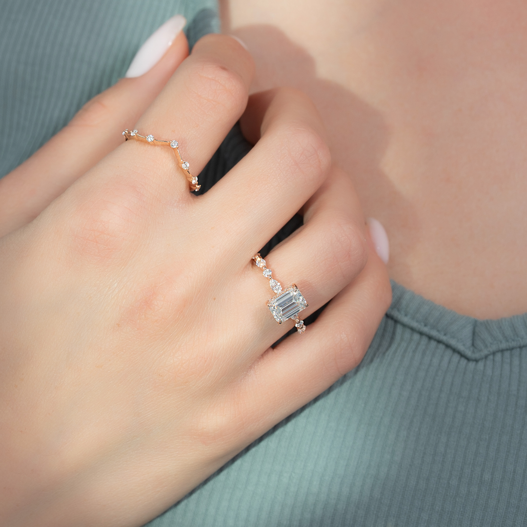 The Lyra Emerald Lab Diamond Moissanite Engagement Ring