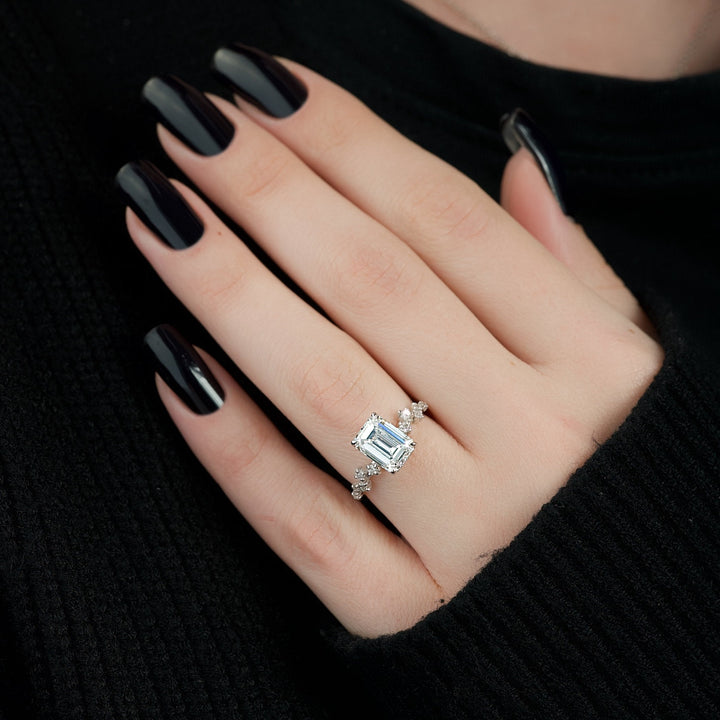 The Mona Emerald Lab Diamond Moissanite Engagement Ring *Shown with 3 ct #material_white