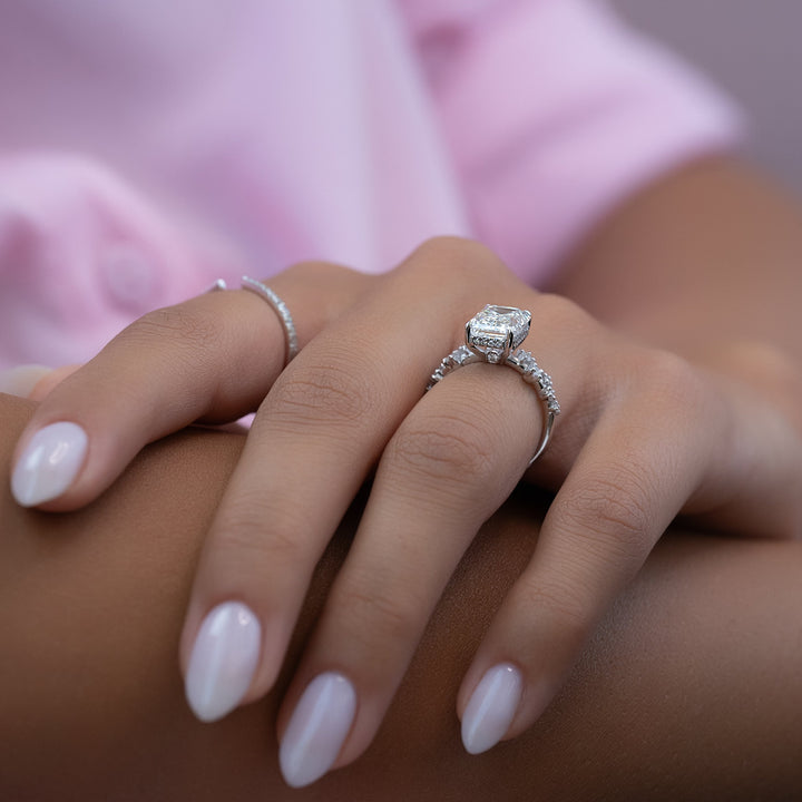 The Mona Emerald Lab Diamond Moissanite Engagement Ring *Shown with 3.5 ct #material_white