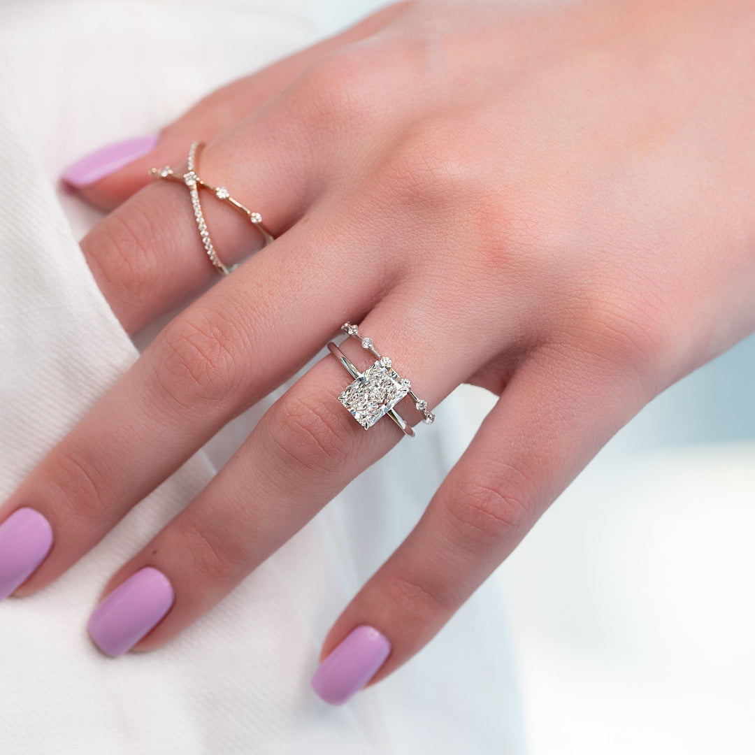 The Navy Radiant Lab Diamond Moissanite Engagement Ring