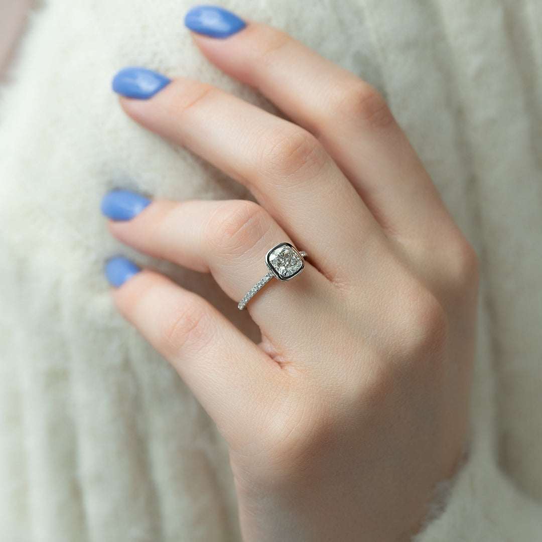 The Pave Christine Cushion Lab Diamond Moissanite Engagement Ring