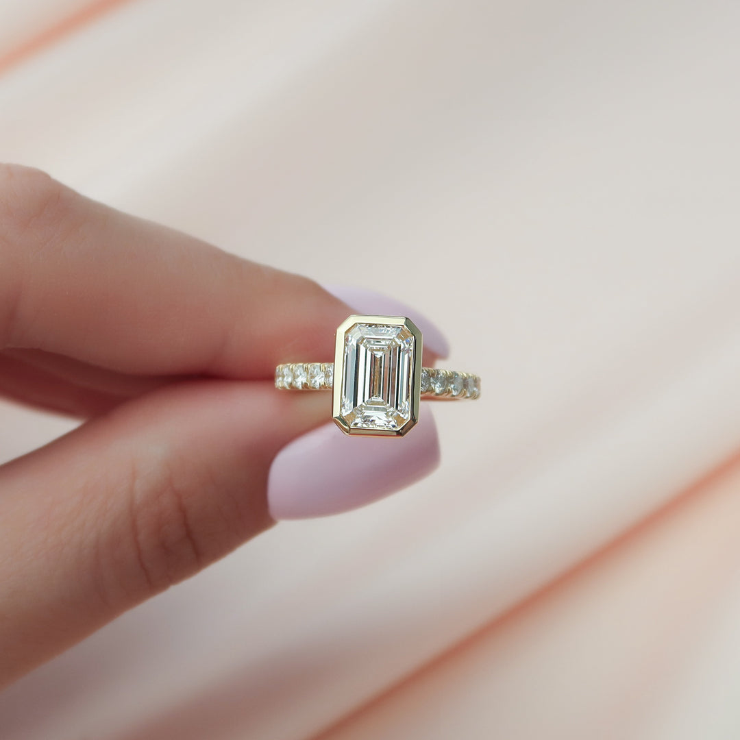 The Pave Christine Emerald Lab Diamond Moissanite Engagement Ring