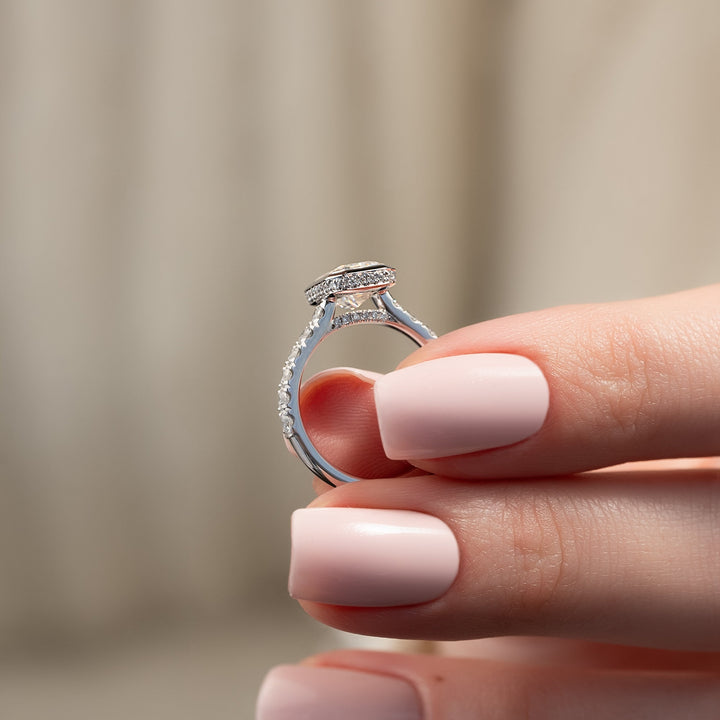 The Pave Christine Emerald Lab Diamond Moissanite Engagement Ring *Shown with 2 ct #material_white