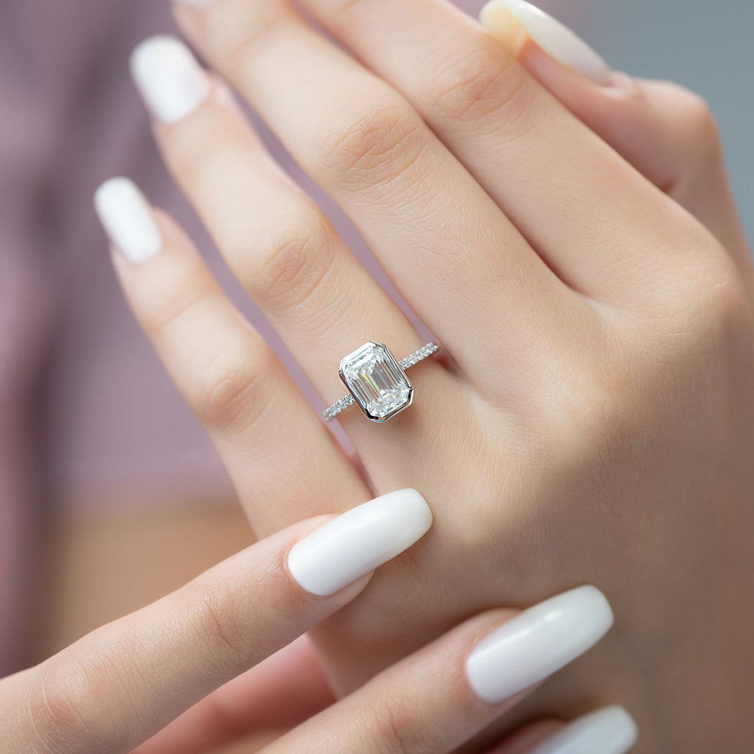 The Pave Christine Emerald Lab Diamond Moissanite Engagement Ring