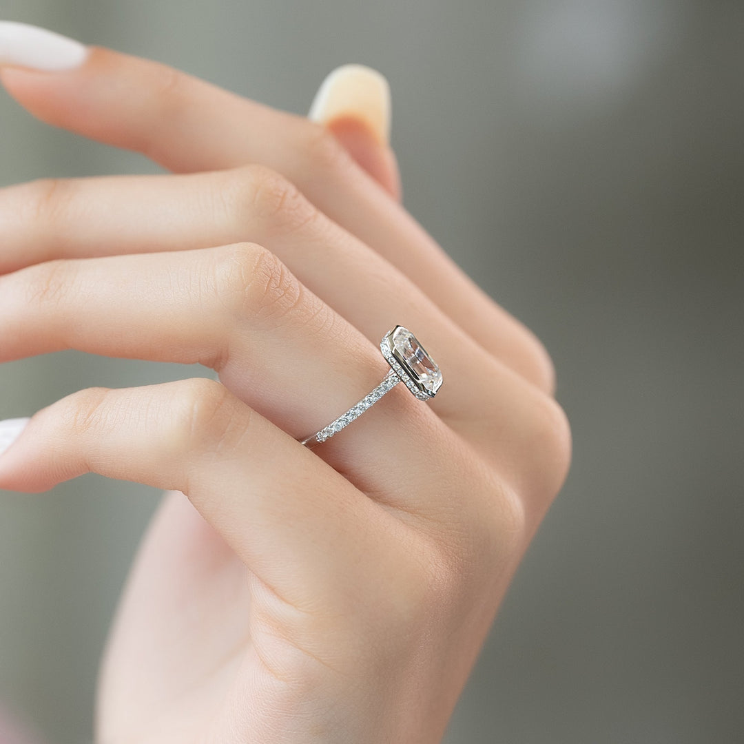 The Pave Christine Emerald Lab Diamond Moissanite Engagement Ring