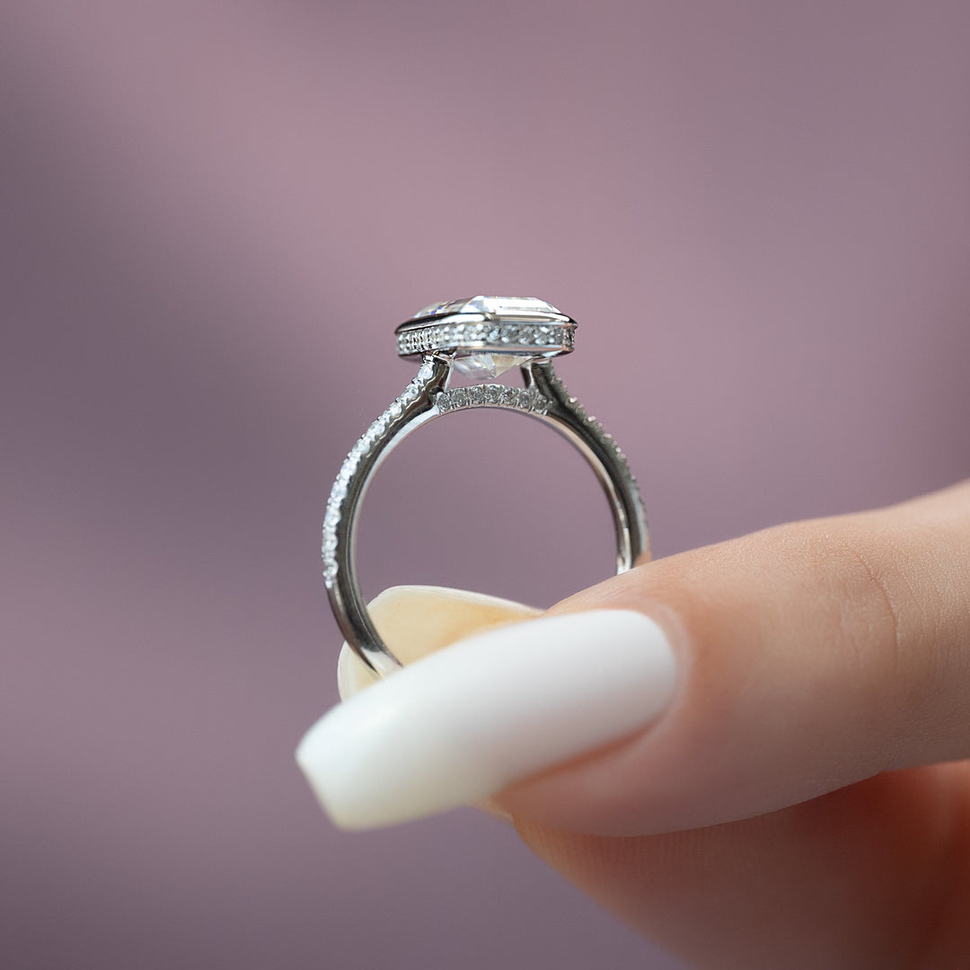 The Pave Christine Emerald Lab Diamond Moissanite Engagement Ring