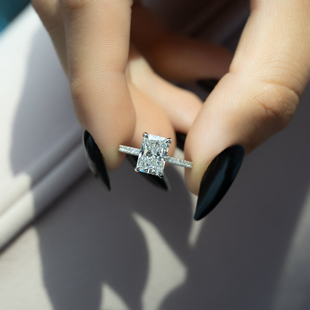 The Pave Crown Liberty Radiant Lab Diamond Moissanite Engagement Ring