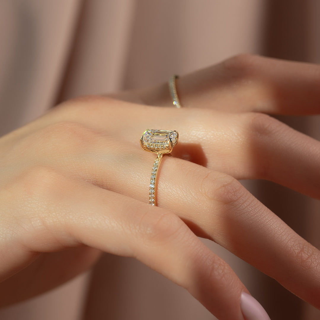 The Pave Liberty Emerald Lab Diamond Moissanite Engagement Ring