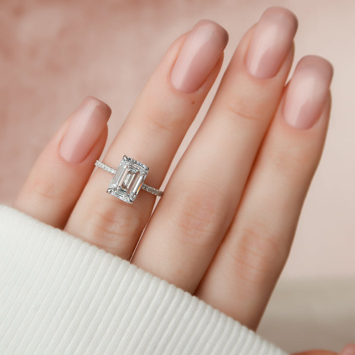 The Pave Liberty Emerald Lab Diamond Moissanite Engagement Ring *Shown with 3 ct #material_white