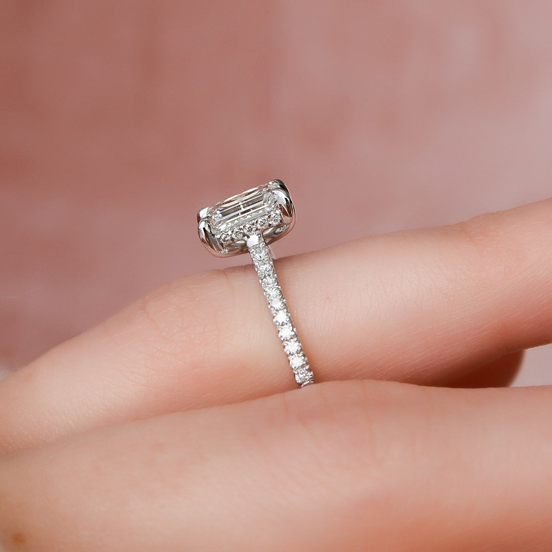 The Pave Natasha Emerald Lab Diamond Moissanite Engagement Ring