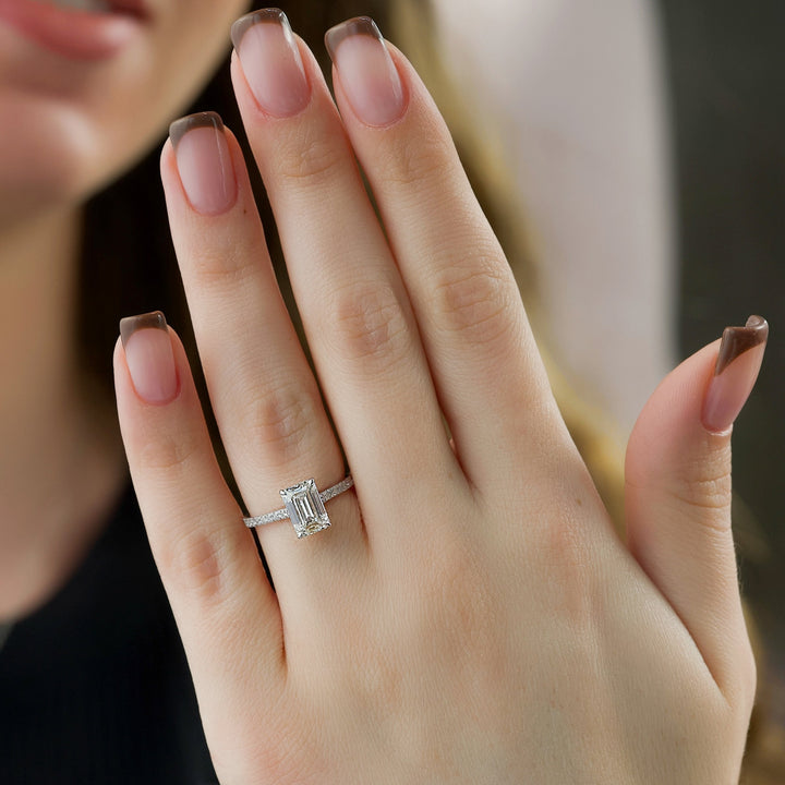 The Pave Natasha Emerald Lab Diamond Moissanite Engagement Ring *Shown with 2 ct #material_white