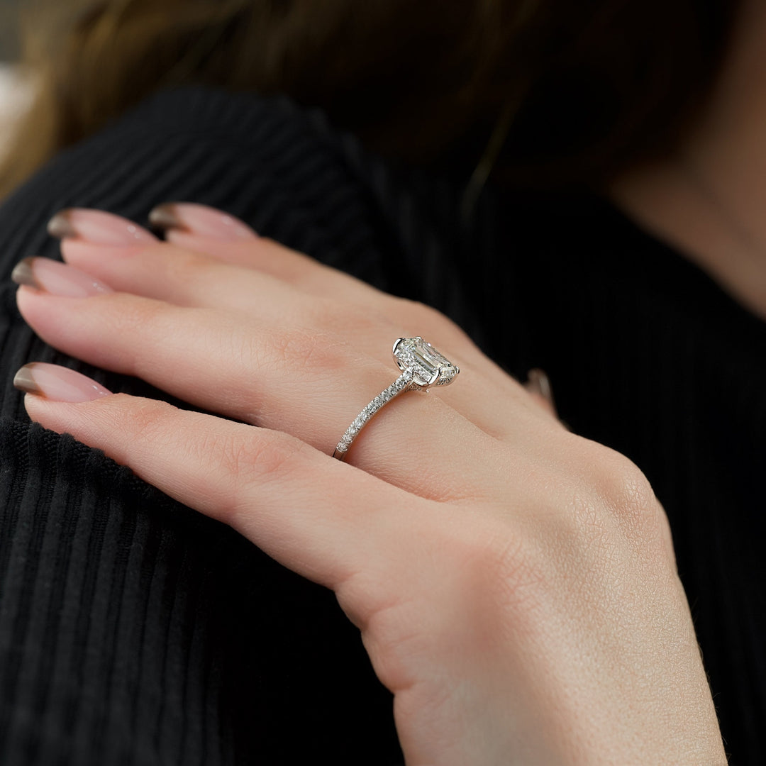 The Pave Natasha Emerald Lab Diamond Moissanite Engagement Ring