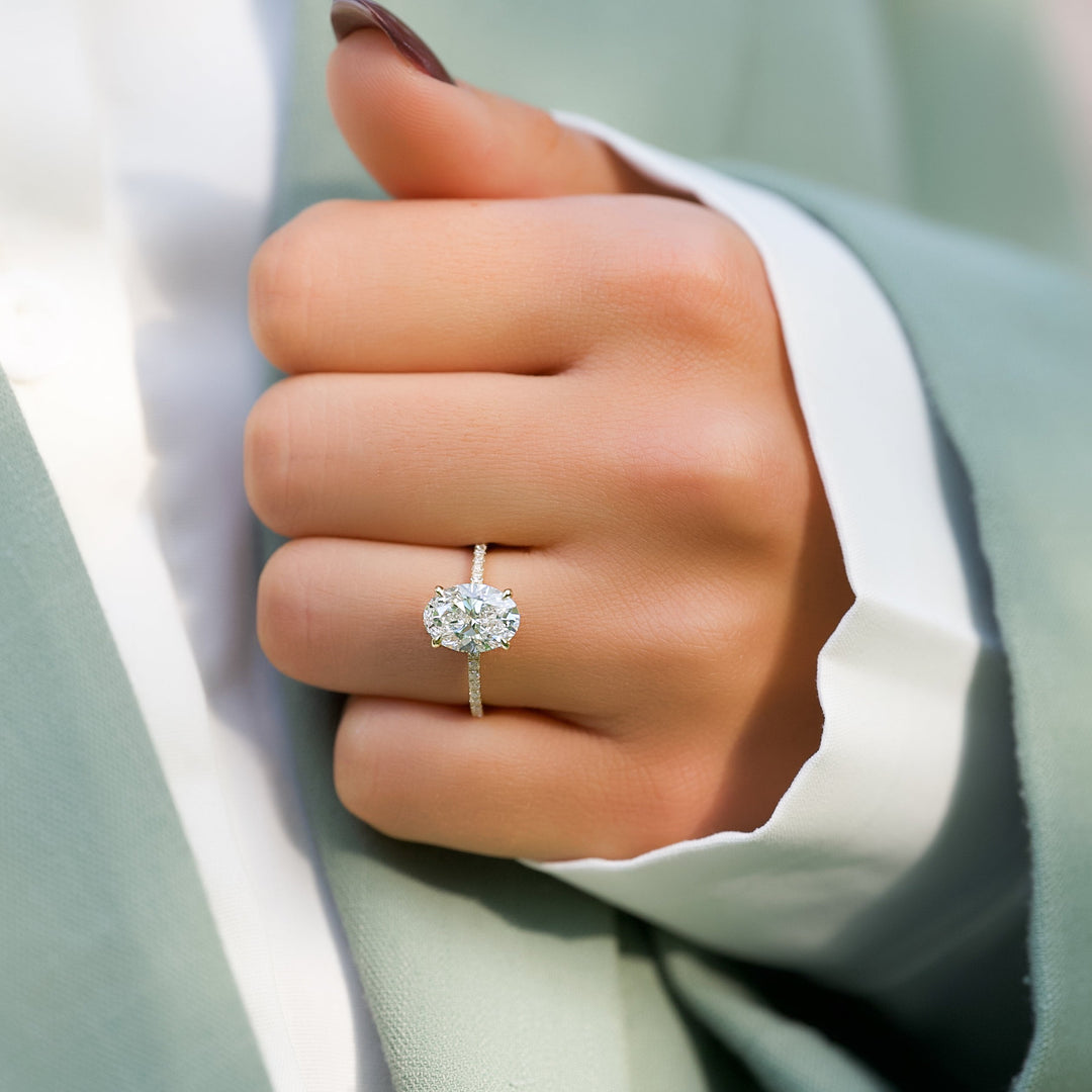 The Pave Navy Oval Lab Diamond Moissanite Engagement Ring