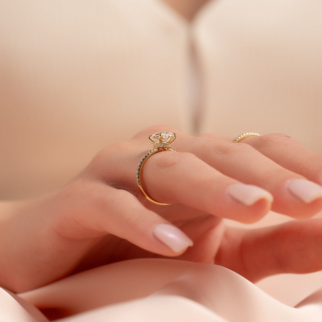 The Pave Navy Oval Lab Diamond Moissanite Engagement Ring