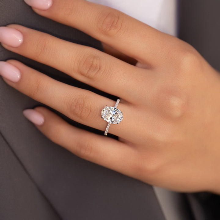The Pave Navy Oval Lab Diamond Moissanite Engagement Ring *Shown with 3 ct #material_white