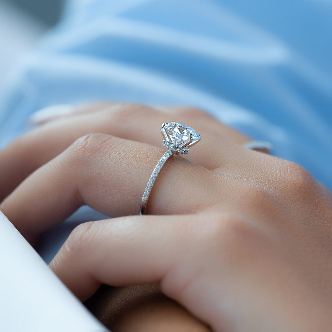 The Pave Navy Round Lab Diamond Moissanite Engagement Ring