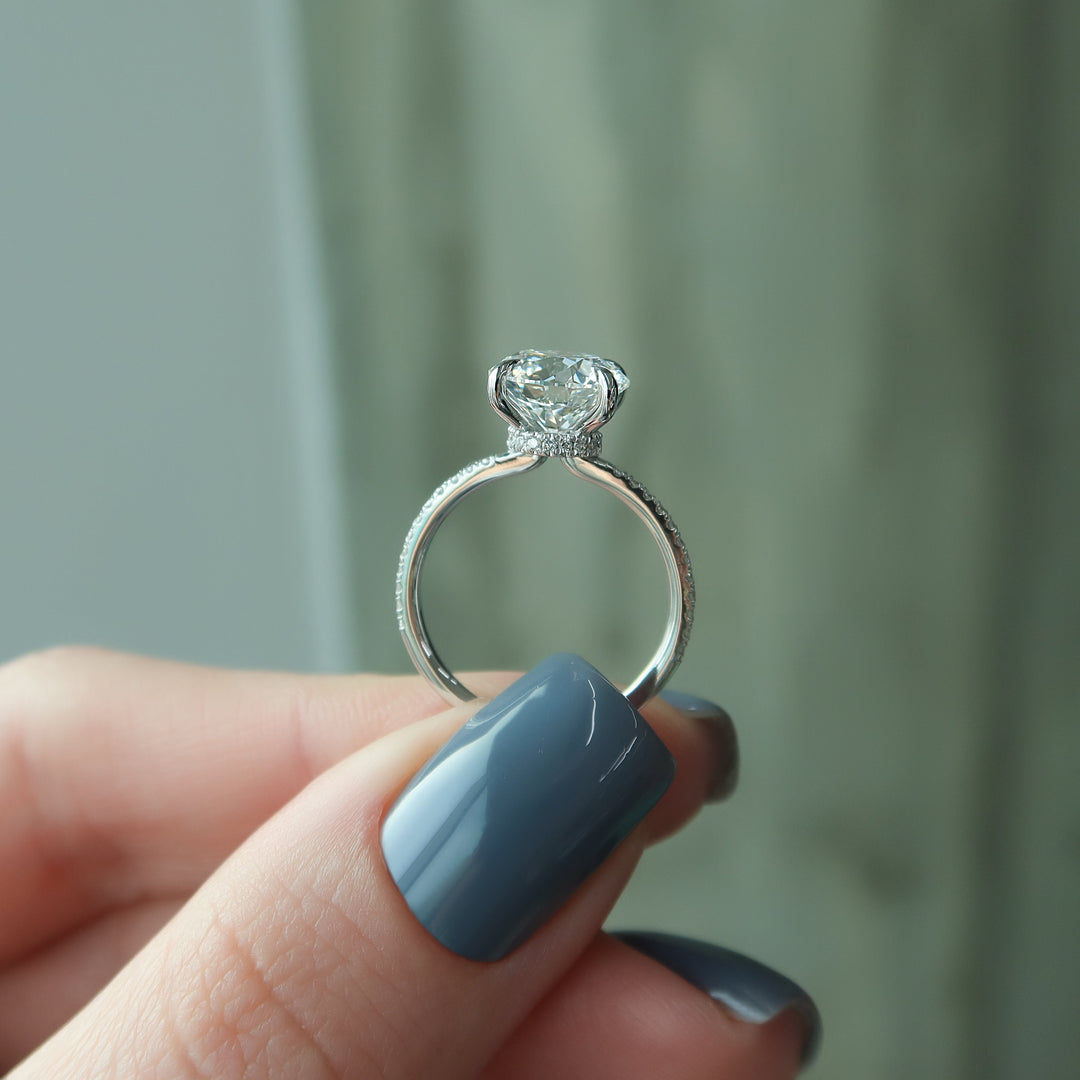 The Pave Navy Round Lab Diamond Moissanite Engagement Ring