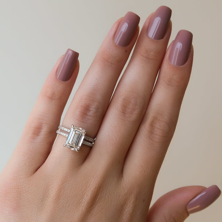 The Pave Sydney Emerald Lab Diamond Moissanite Engagement Ring *Shown with 4 ct #material_white