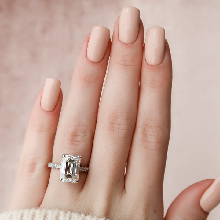 The Rosie Emerald Lab Diamond Moissanite Engagement Ring *Shown with 5 ct #material_white