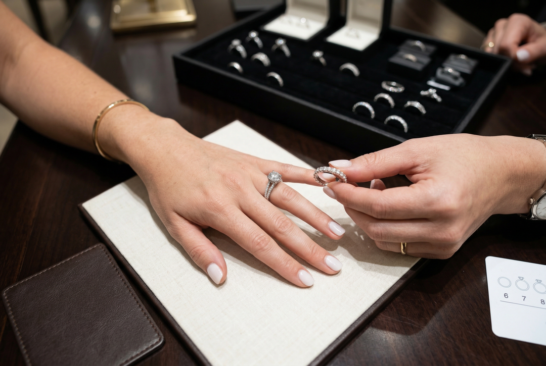 Person trying on a ring with jewelry box in the background