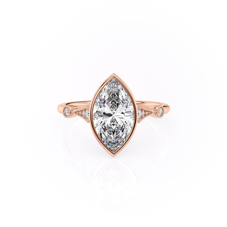Rose gold ring with a marquise-shaped diamond on a white background#material_rose