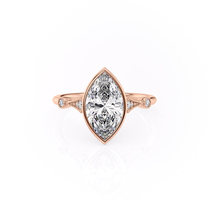 Rose gold ring with a marquise-shaped diamond on a white background#material_rose