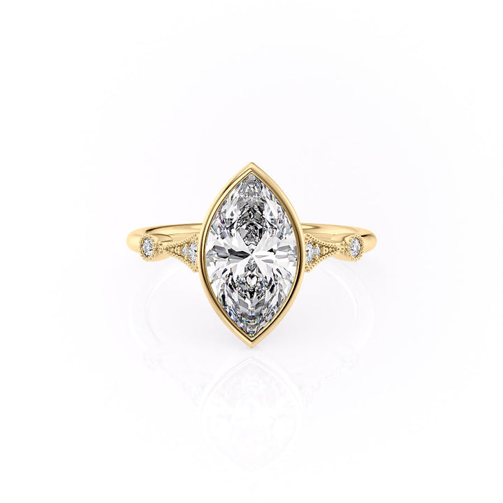 Gold ring with a marquise-shaped diamond on a white background#material_gold