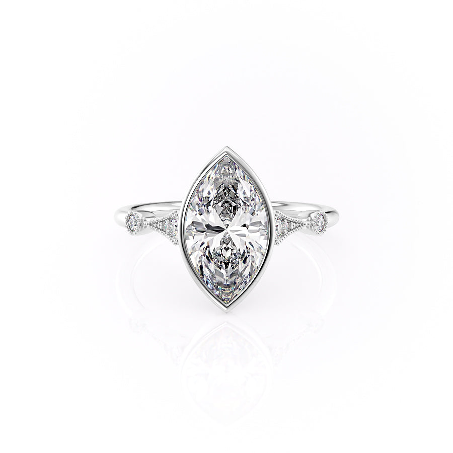 Diamond ring with a marquise-shaped center stone on a white background#material_white