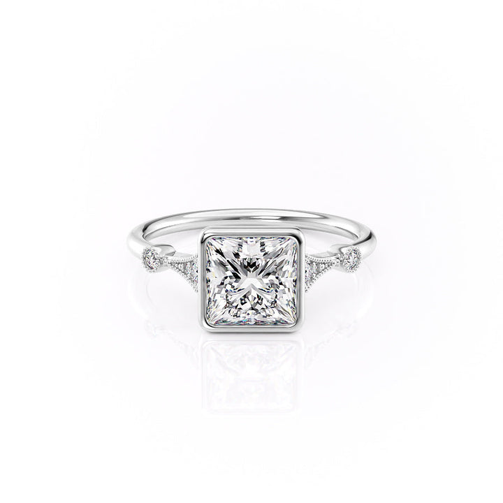 Diamond ring with a square-cut gemstone on a white background#material_white