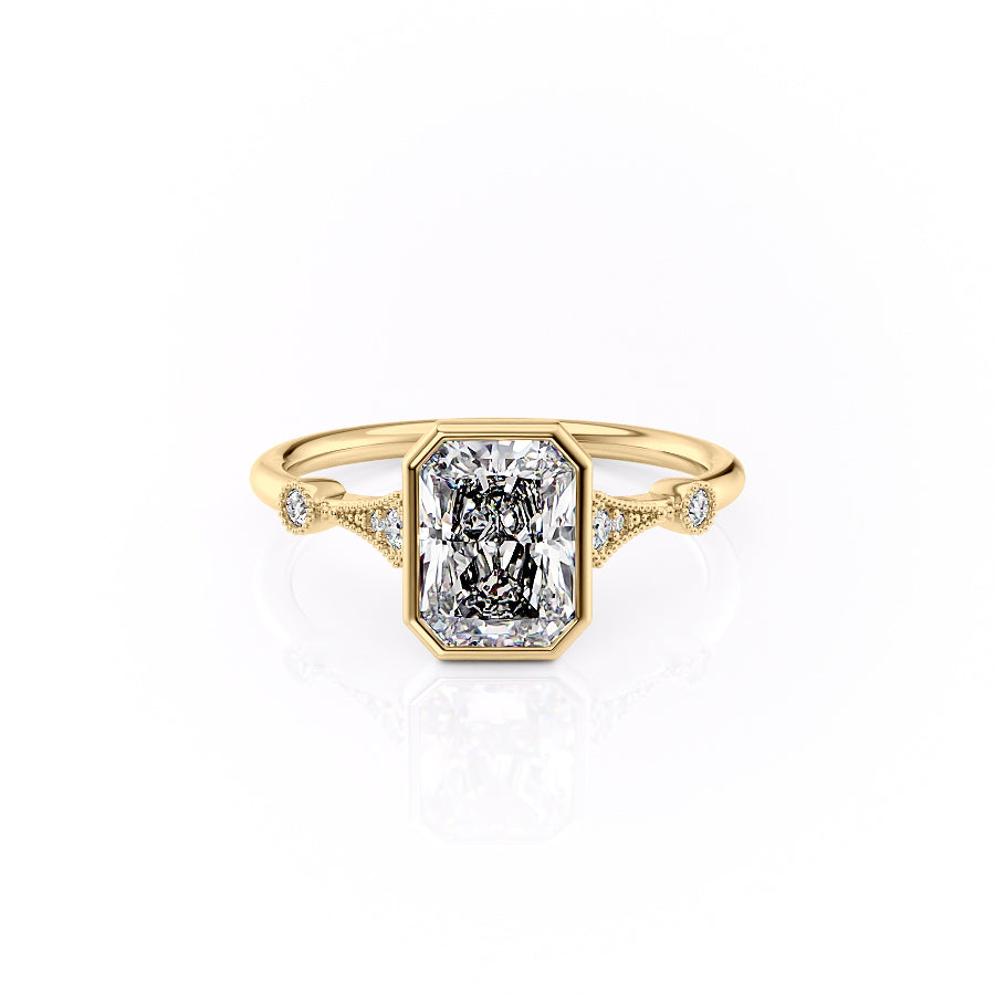 Gold ring with a large diamond and smaller diamonds on the band against a white background#material_gold