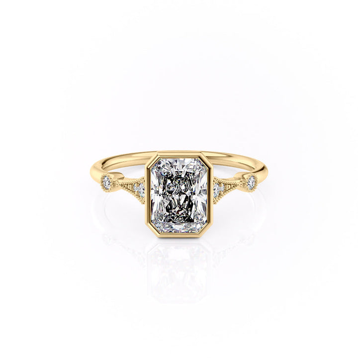 Gold ring with a large diamond and smaller diamonds on the band against a white background#material_gold