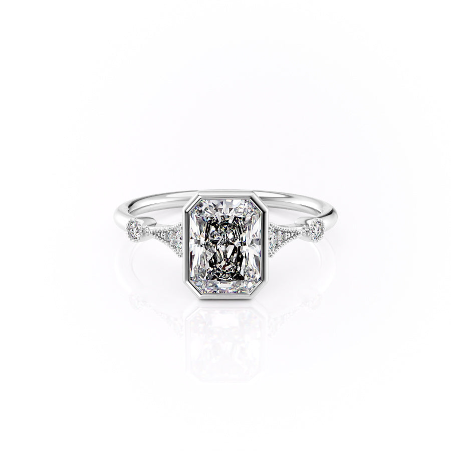 Diamond ring with a rectangular center stone on a white background#material_white