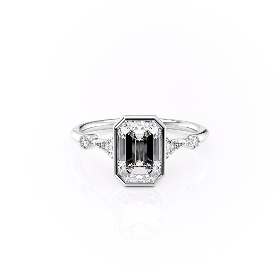 Diamond ring with emerald-cut diamond on a white background#material_white